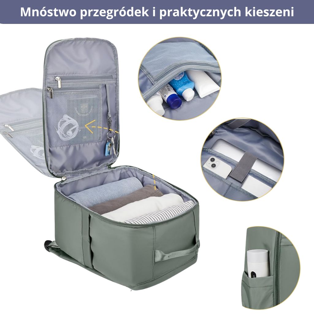 Plecak do samolotu zielony 40x20x25 ryanair z licznymi kieszeniami na ubrania i akcesoria, idealny do organizacji bagażu