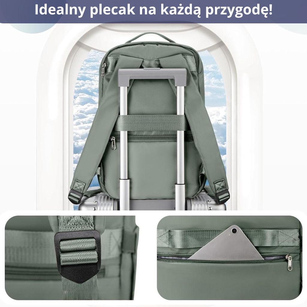 Plecak do samolotu zielony 40x20x25 ryanair z kieszenią na plecach i paskiem na walizkę, idealny na podróż Ryanair