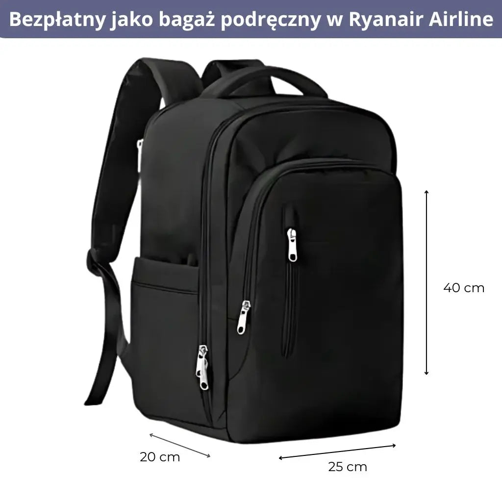 Bagaż podręczny czarny 40x20x25 z oznaczeniem wymiarów i przeznaczeniem dla Ryanair.