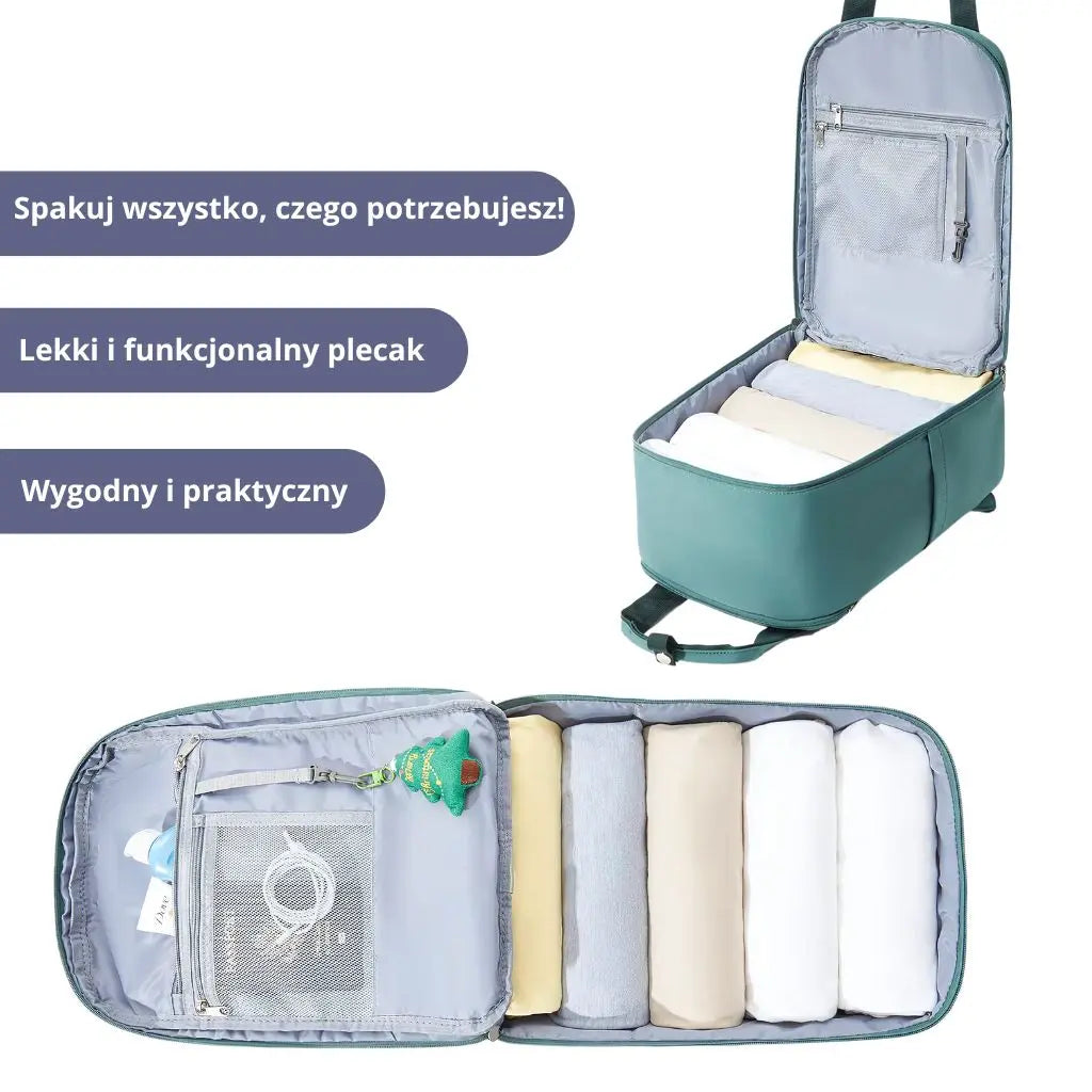 Wnetrze malego plecaka do samolotu 40x20x25 Ryanair, z miejscem na ubrania i akcesoria.