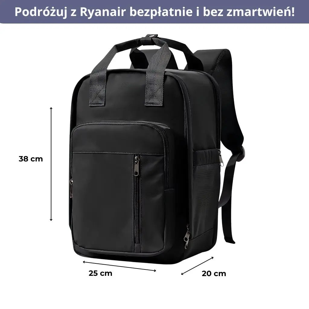 Mały czarny plecak podróżny do samolotu 40x20x25 z widocznymi wymiarami, zgodny z Ryanair.