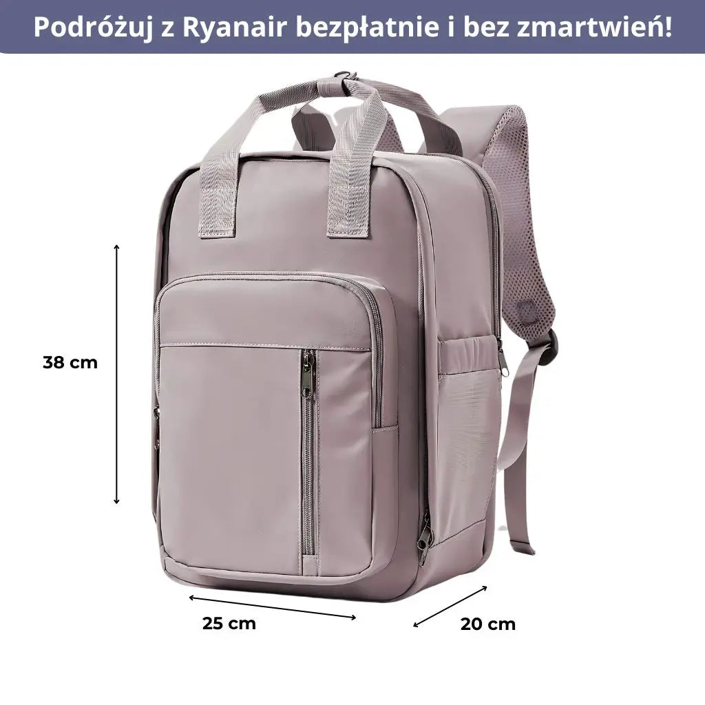 Mały różowy plecak podróżny do samolotu 40x20x25 z widocznymi wymiarami, zgodny z Ryanair.