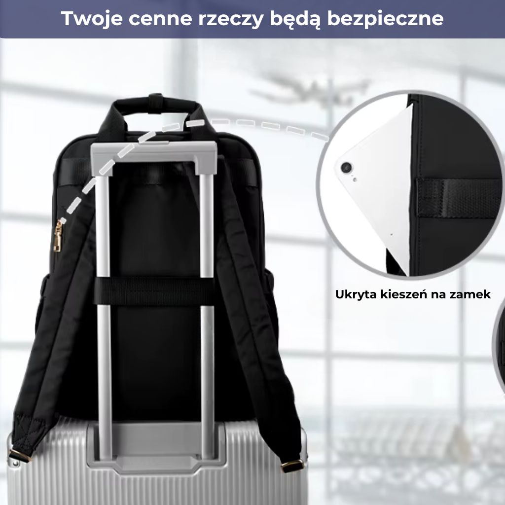 Plecak damski 40x30x20 Wizz Air zamocowany na walizce z ukrytą kieszenią.