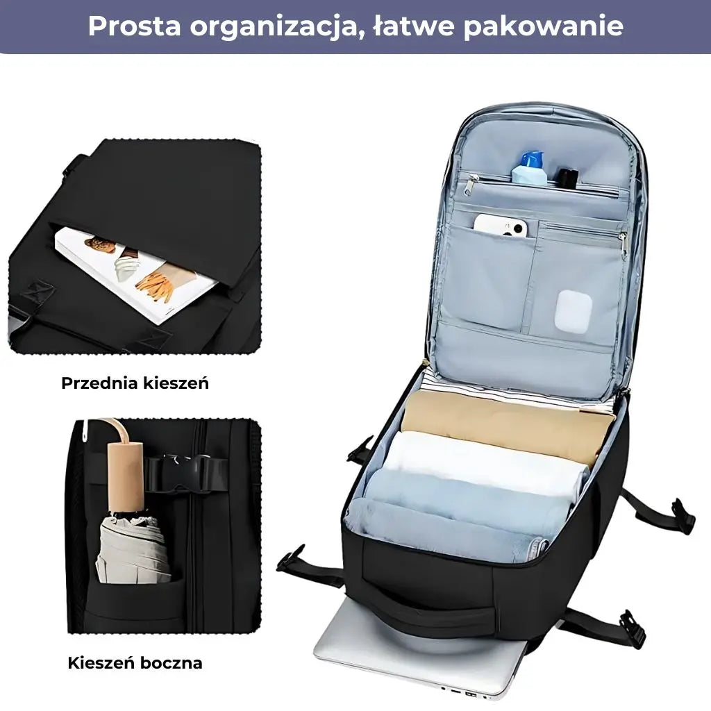 Plecak do samolotu 40x20x25 Ryanair - organizacja wnętrza z przegrodami i kieszeniami.