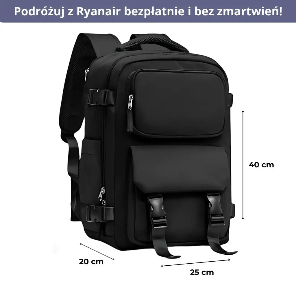 Plecak do samolotu 40x20x25 Ryanair - czarny plecak podróżny z wymiarami.