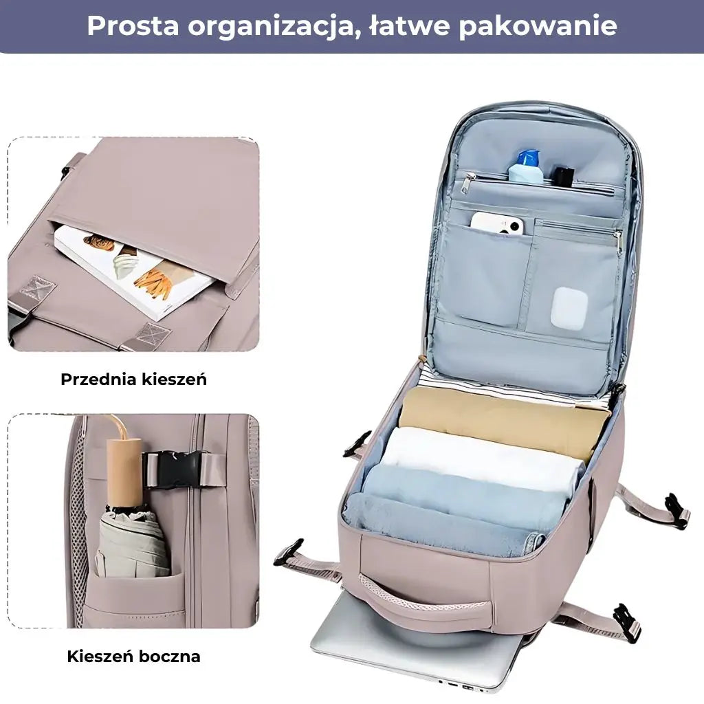 Plecak do samolotu 40x20x25 Ryanair - przegrody i łatwa organizacja wnętrza.