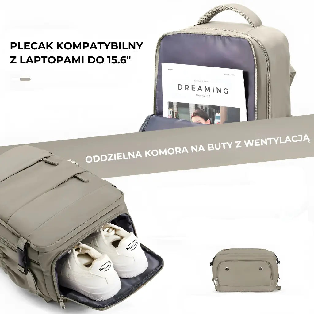 Plecak podróżny z oddzielną komorą na buty z wentylacją, idealny na krótkie podróże i wyjazdy służbowe.