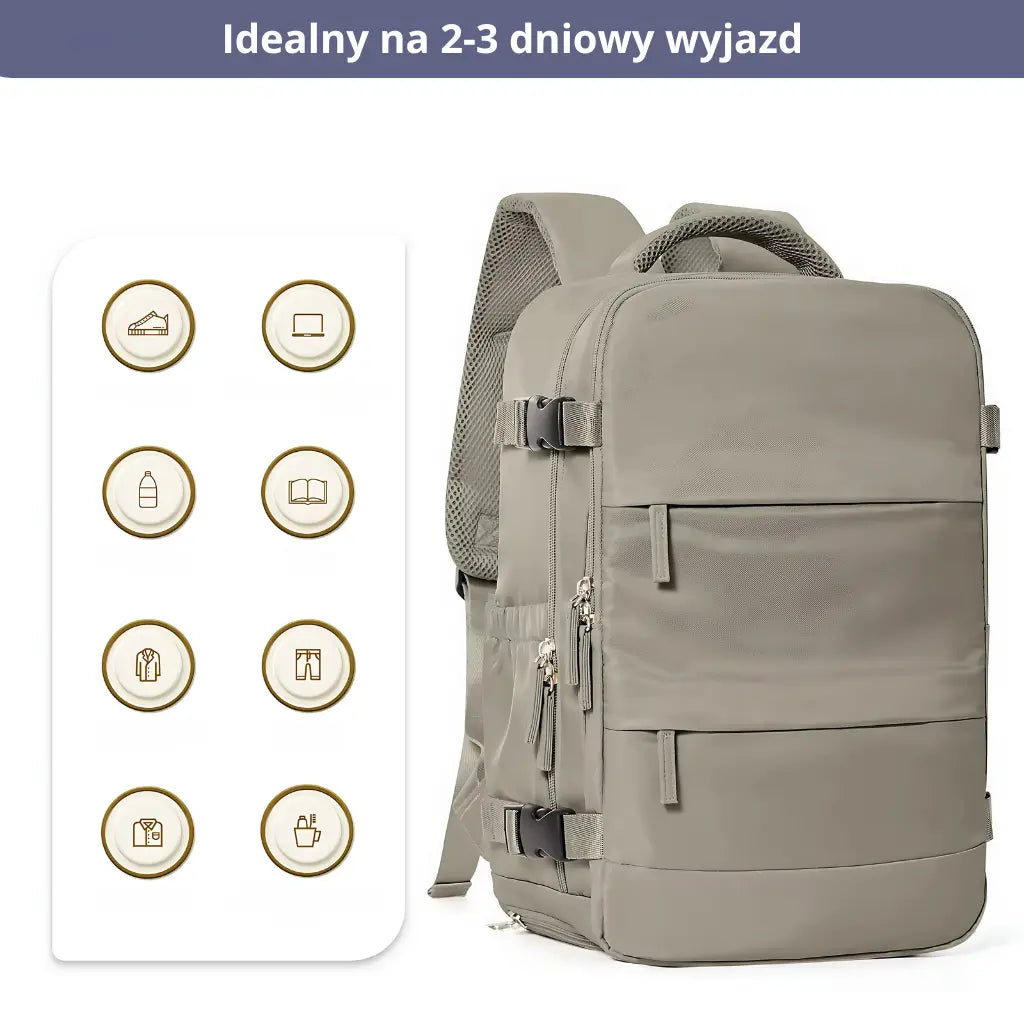 Plecak podróżny o pojemności 30-36L, idealny na 2-3 dniowy wyjazd, z miejscem na ubrania, laptop i akcesoria podróżne.