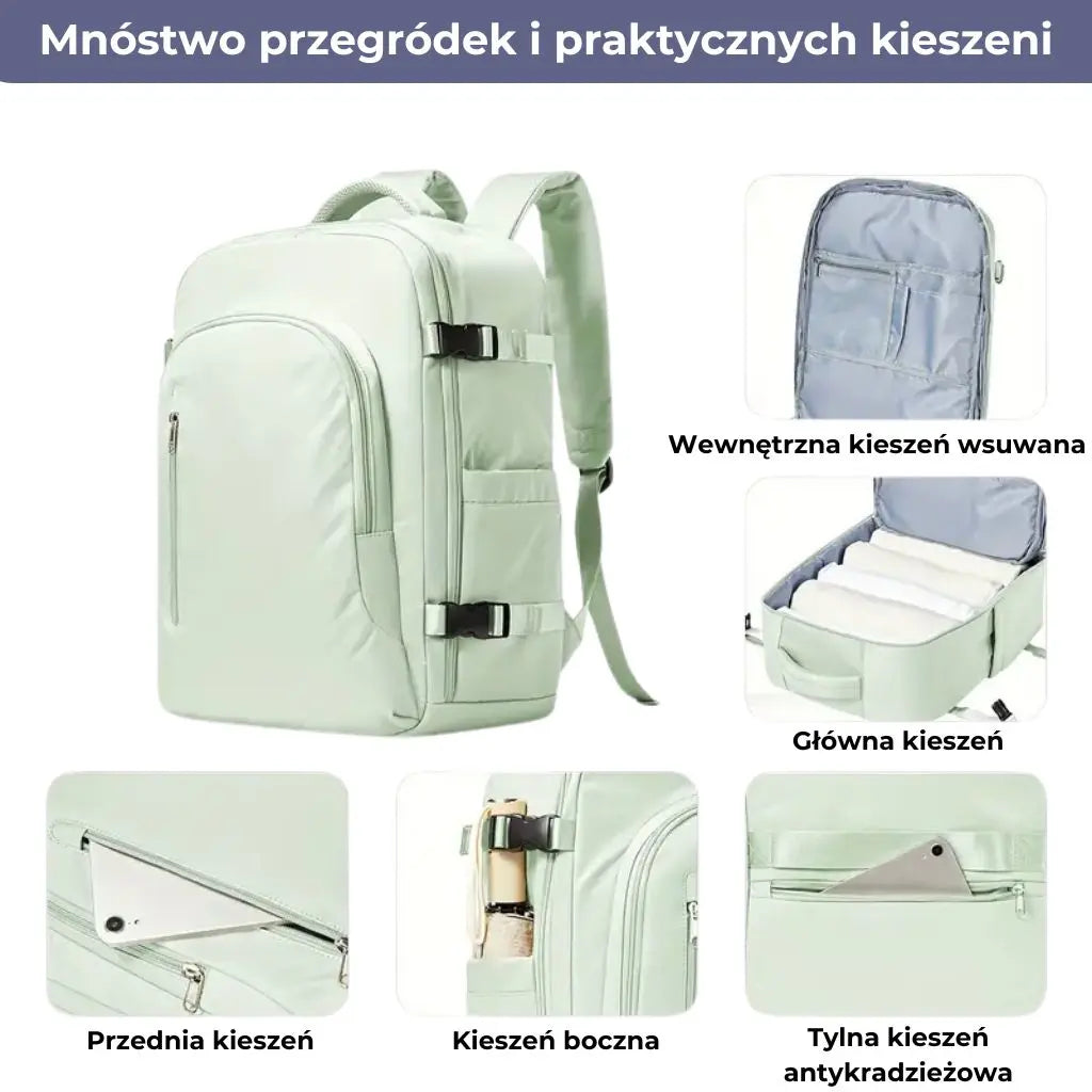 Jasnozielony plecak do samolotu 40x20x25 Ryanair z wieloma praktycznymi kieszeniami.