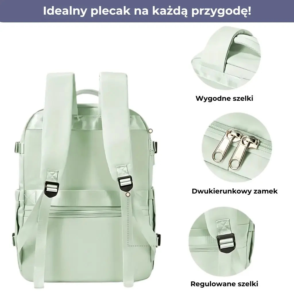Widok z tyłu na jasnozielony plecak do samolotu Ryanair z detalami zamków i pasków.