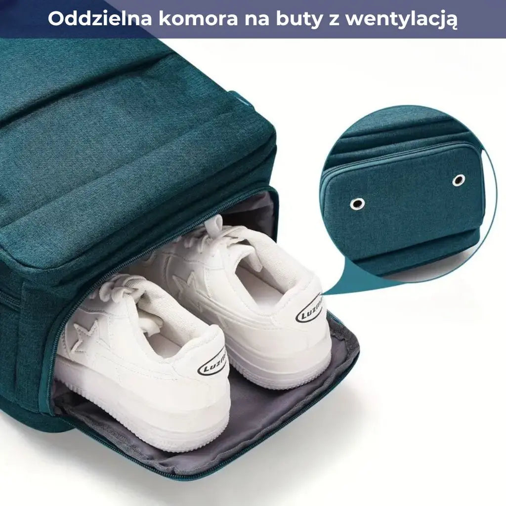 Plecak do samolotu 40x20x25 Ryanair z kieszenią na buty i wentylacją.