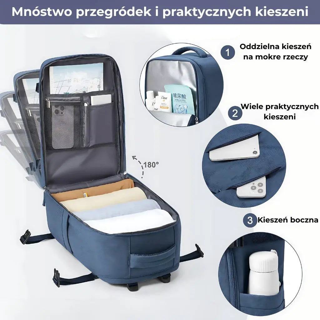 Wnętrze plecaka do samolotu 40x20x25 Ryanair z licznymi kieszeniami i przegrodami.