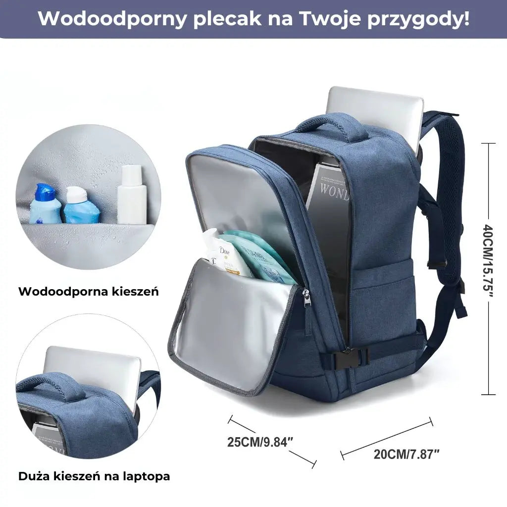 Wodoodporny plecak do samolotu 40x20x25 Ryanair z dużą kieszenią na laptopa.