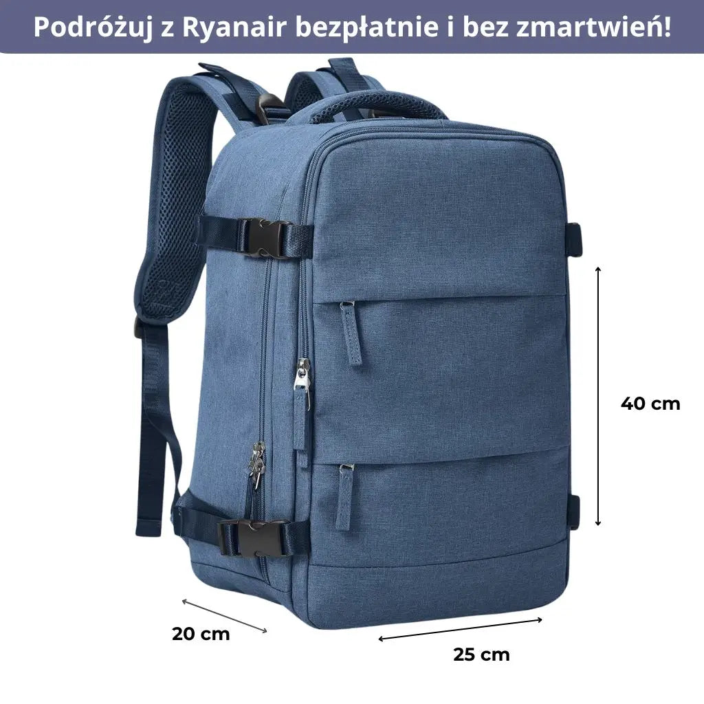 Niebieski plecak do samolotu Ryanair o wymiarach 40x20x25 cm.