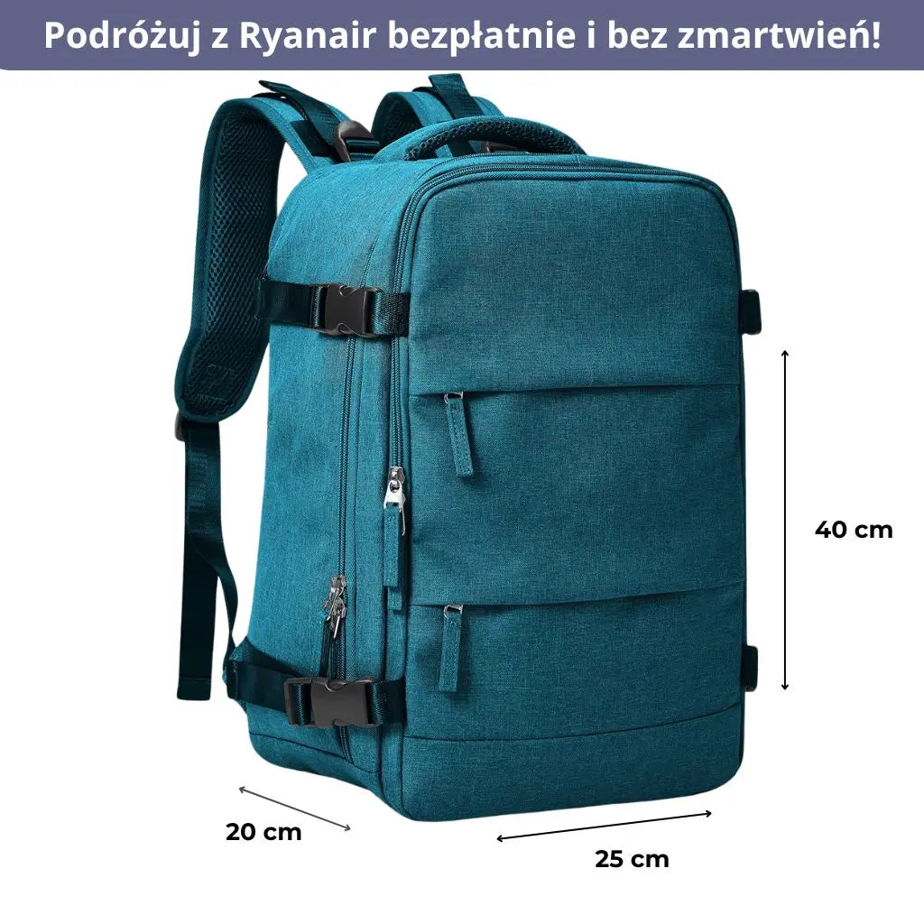 Niebieski plecak do samolotu 40x20x25 Ryanair z widocznymi wymiarami.