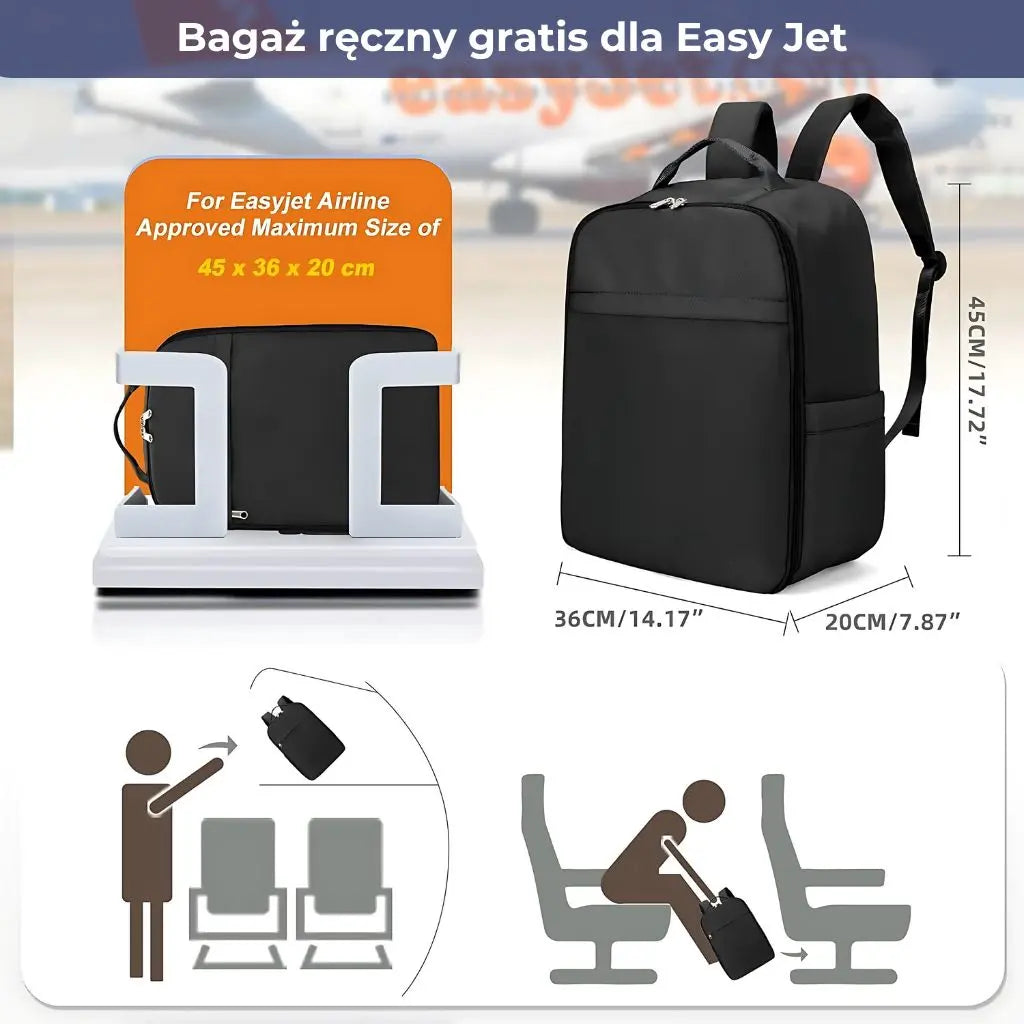 Plecak EasyJet zgodny z maksymalnym rozmiarem bagażu podręcznego 45x36x20 cm.