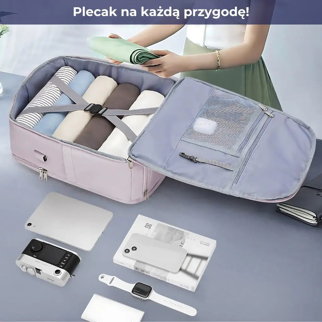 Różowy plecak EasyJet z uporządkowanym wnętrzem i miejscem na akcesoria podróżne.