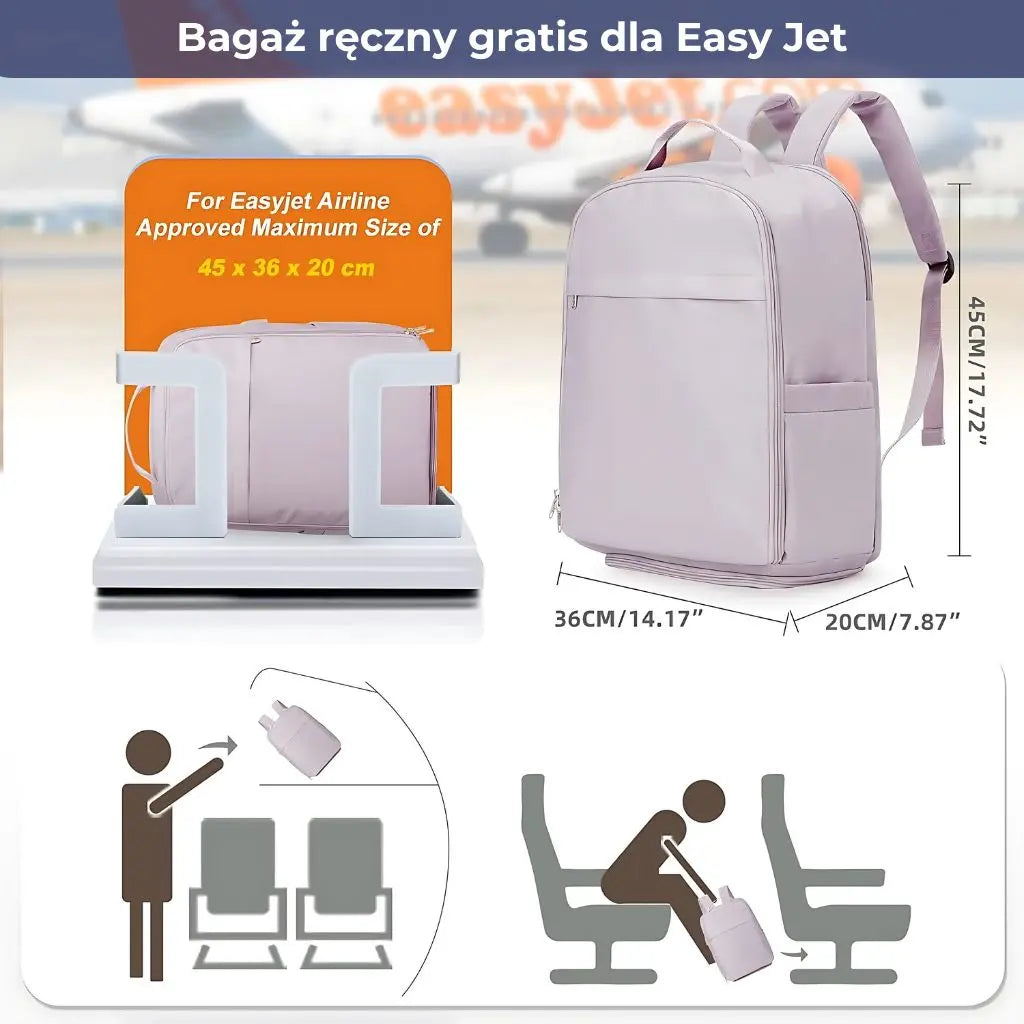 Różowy plecak EasyJet zgodny z maksymalnymi wymiarami 45x36x20 cm.