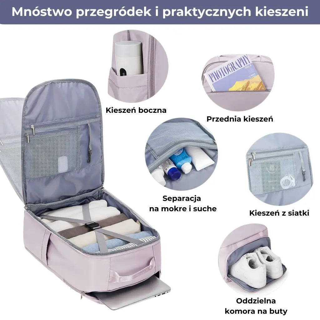 Wnętrze różowego plecaka EasyJet z wieloma praktycznymi kieszeniami i przegródkami.