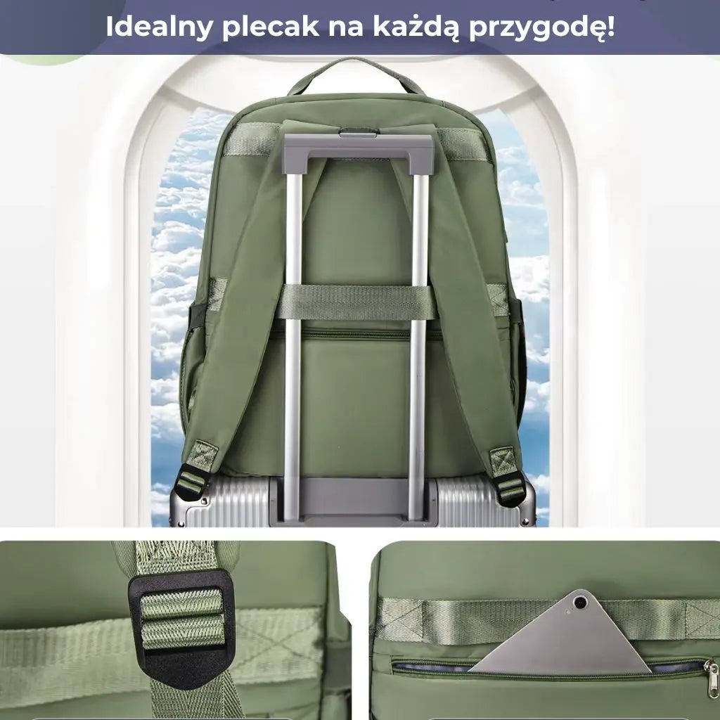 Zielony plecak EasyJet przymocowany do walizki, idealny na podróże lotnicze.