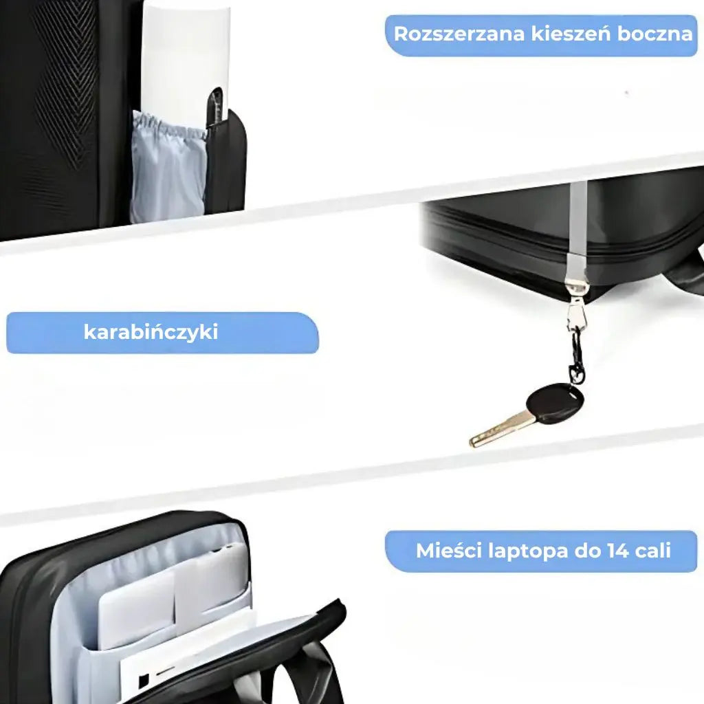 Plecak kabinowy 40x20x25 z praktyczną kieszenią, przedstawiający dodatki i kieszenie na laptop.