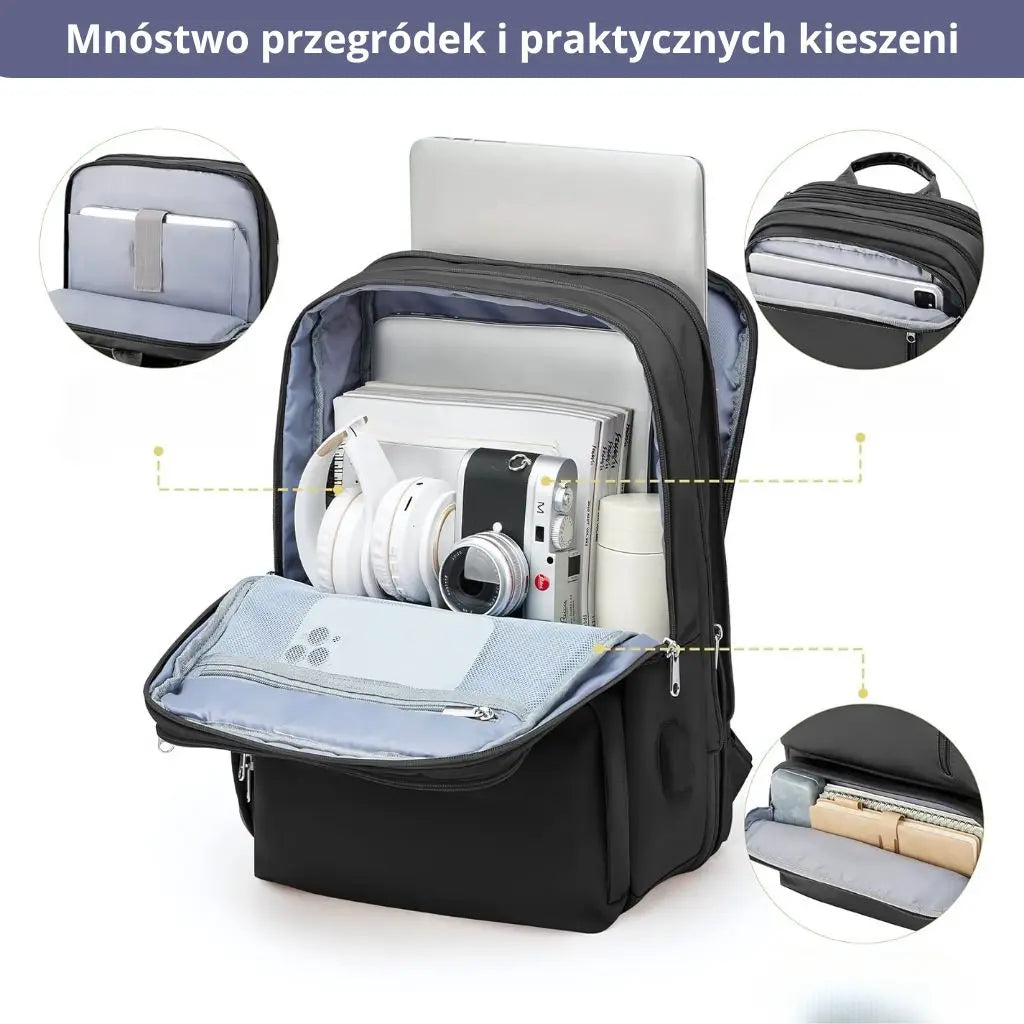 Plecak kabinowy 40x20x25 z praktyczną kieszenią, z wieloma przegrodami na sprzęt i akcesoria.