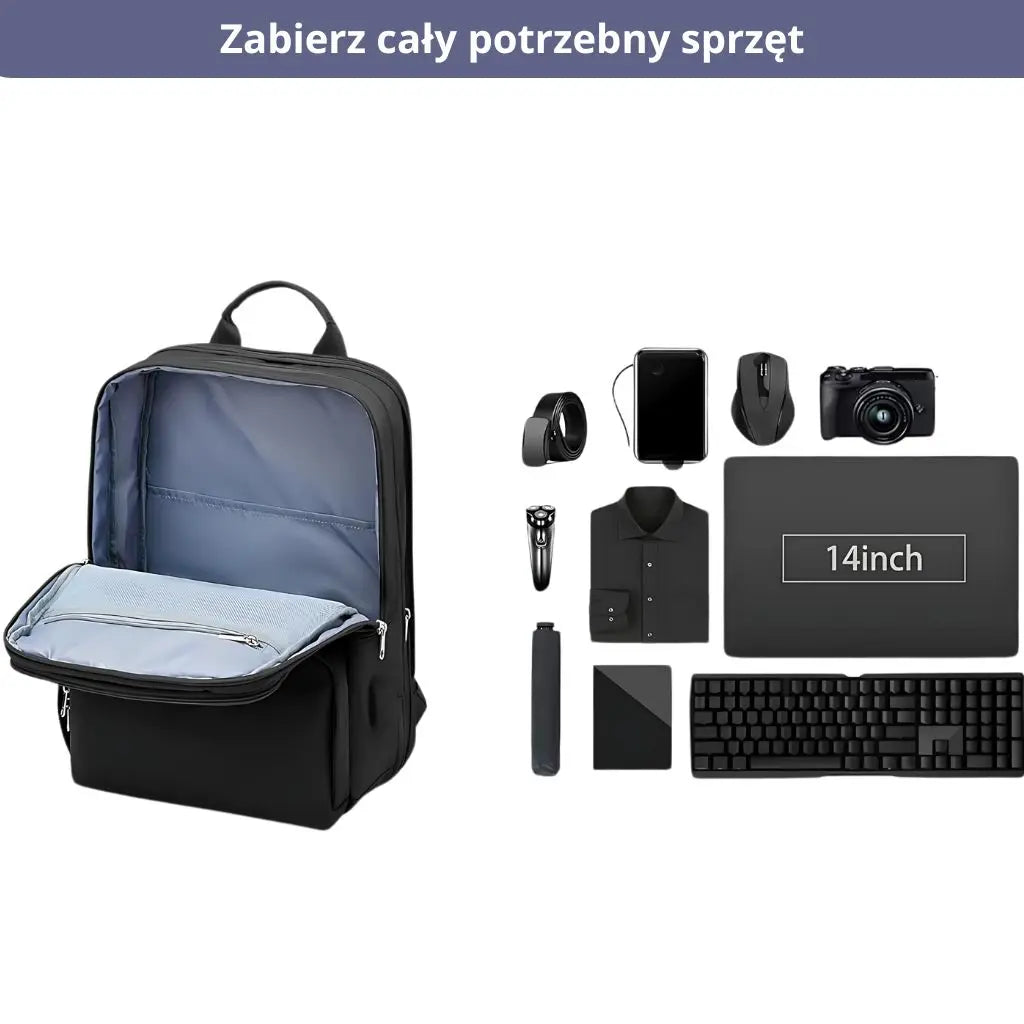 Plecak kabinowy 40x20x25 z praktyczną kieszenią, z przestrzenią na sprzęt podróżny i urządzenia.