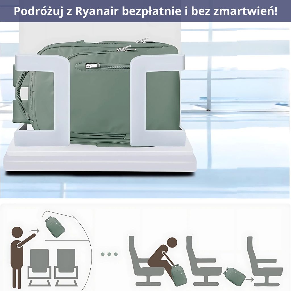 Plecak kabinowy zielony 40x20x25 Ryanair, doskonale dopasowany do wymagań linii lotniczych.