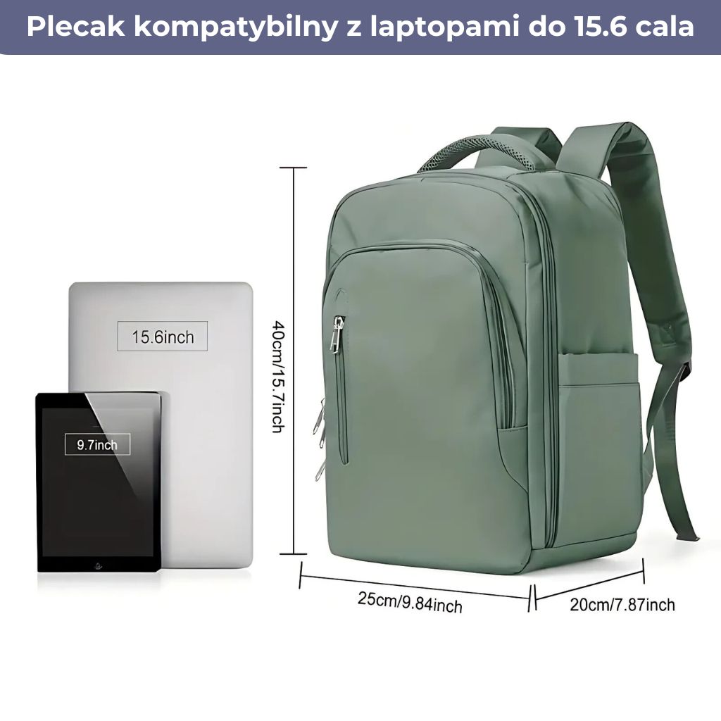 Plecak kabinowy zielony 40x20x25 Ryanair kompatybilny z przepisami bagażowymi, doskonały na laptop 15.6 cala.