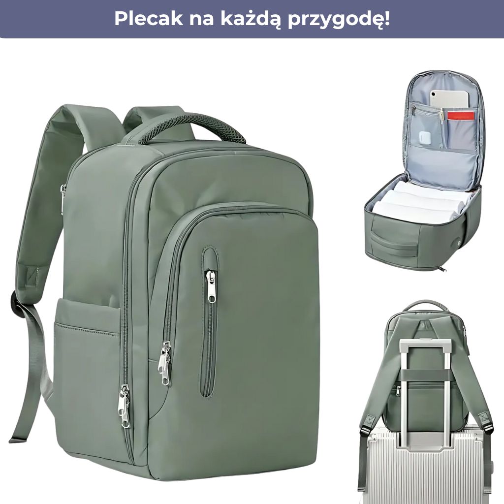 Plecak kabinowy zielony 40x20x25 Ryanair z wieloma funkcjami, w tym portem USB i uchwytem na walizkę.