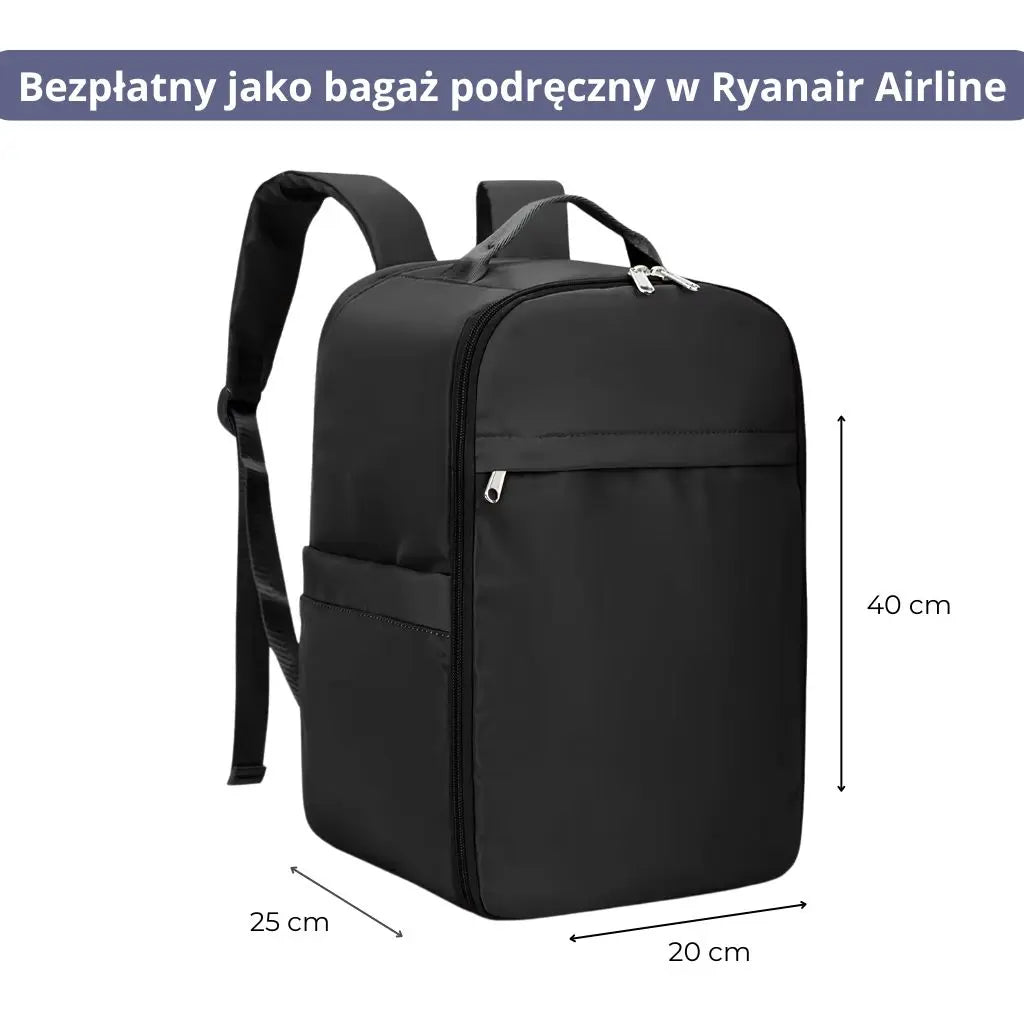 Plecak mały bagaż podręczny 40x20x25 ryanair, czarny plecak z widocznymi wymiarami: 40 cm wysokości, 25 cm szerokości, 20 cm głębokości.