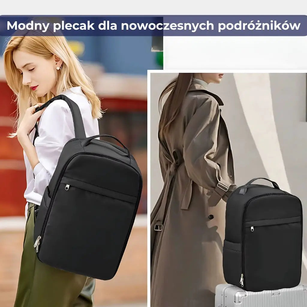Plecak mały bagaż podręczny 40x20x25 ryanair, modny czarny plecak prezentowany w stylizacjach miejskich.