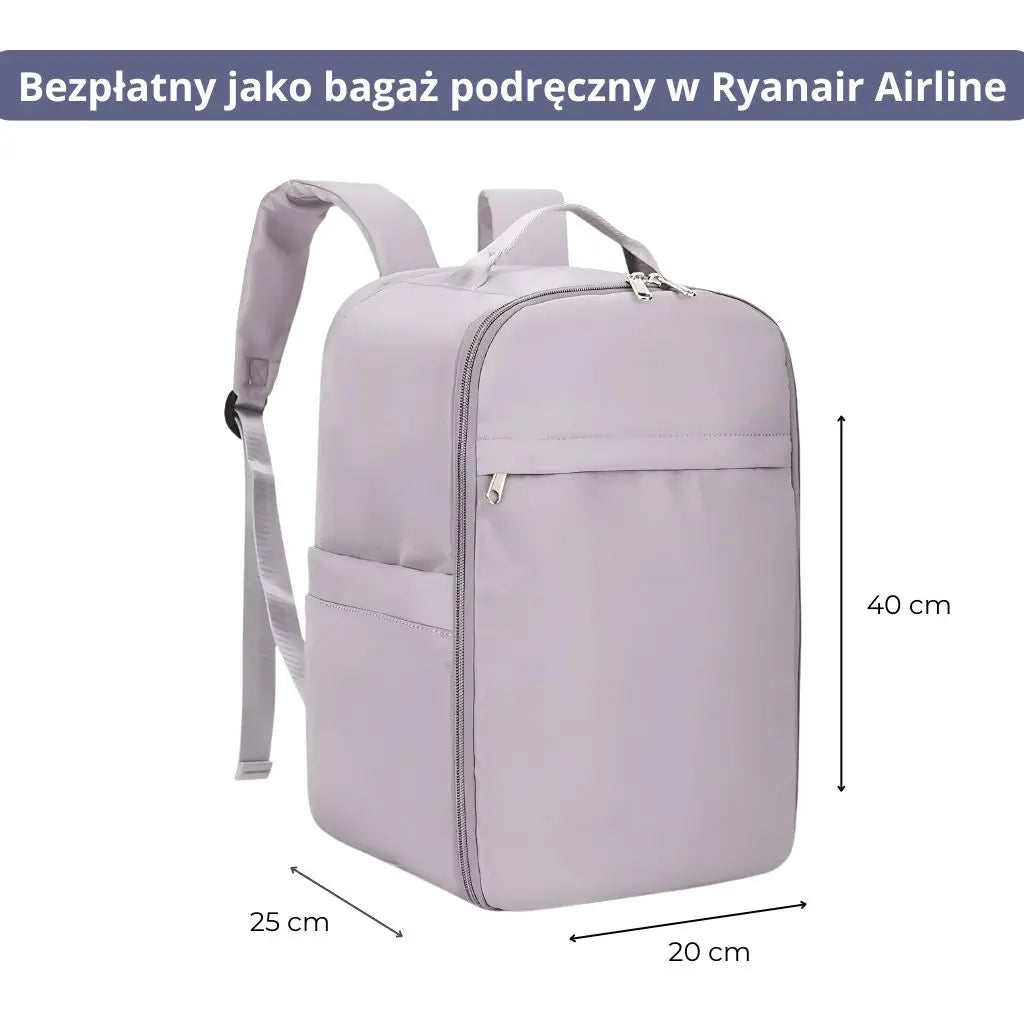 Plecak mały bagaż podręczny 40x20x25 ryanair, różowy plecak z widocznymi wymiarami: 40 cm wysokości, 25 cm szerokości, 20 cm głębokości.