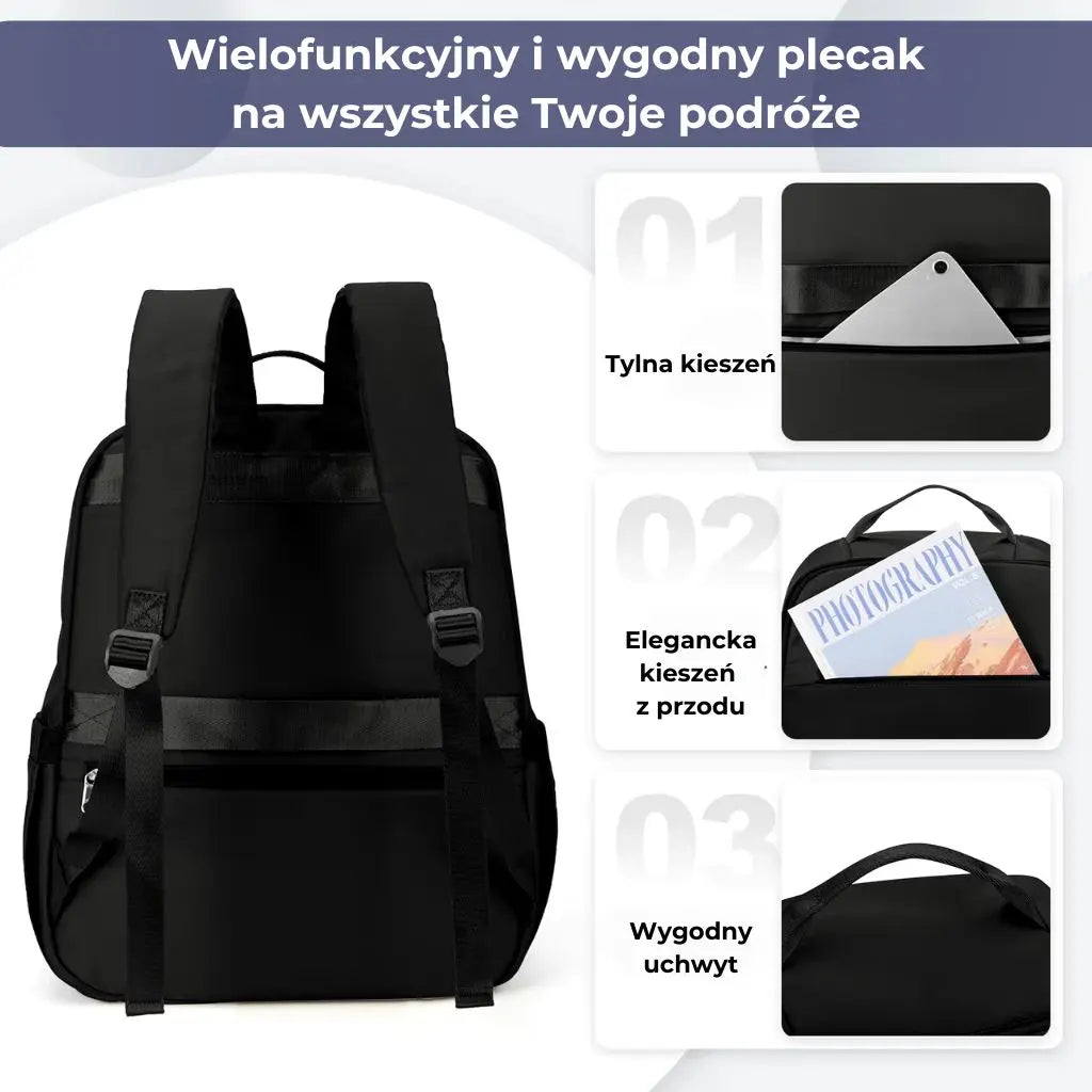 Plecak mały bagaż podręczny 40x20x25 ryanair, czarny plecak z kieszenią z tyłu, elegancką kieszenią z przodu i wygodnym uchwytem.
