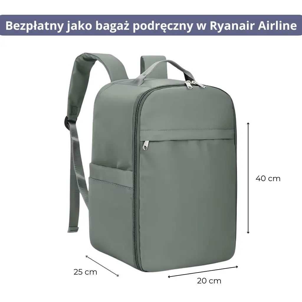 Plecak mały bagaż podręczny 40x20x25 ryanair, zielony plecak z widocznymi wymiarami: 40 cm wysokości, 25 cm szerokości, 20 cm głębokości.