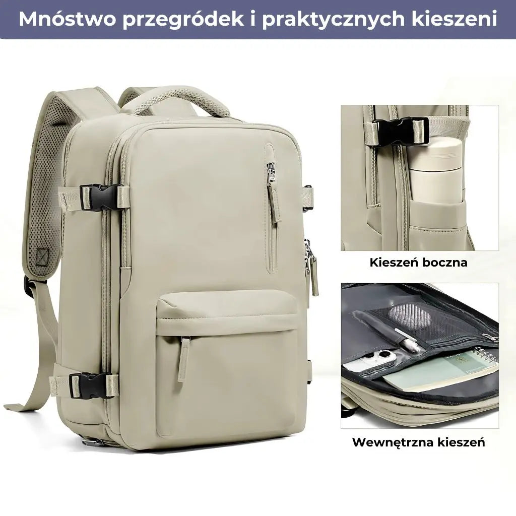 Plecak podróżny do samolotu damski Ryanair brązowy z boczną kieszenią na butelkę i wewnętrznymi przegrodami.