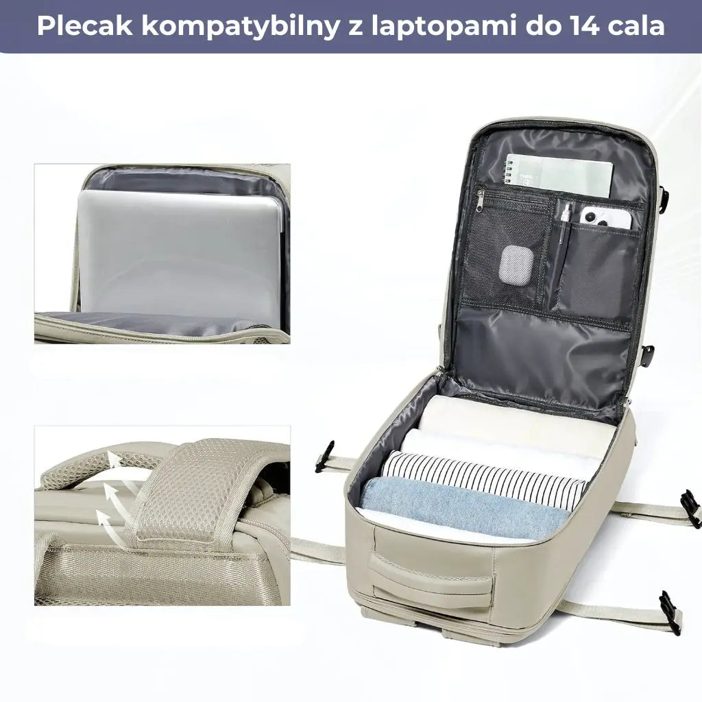 Plecak podróżny do samolotu damski Ryanair brązowy kompatybilny z laptopami do 14 cali, z przemyślanym wnętrzem.