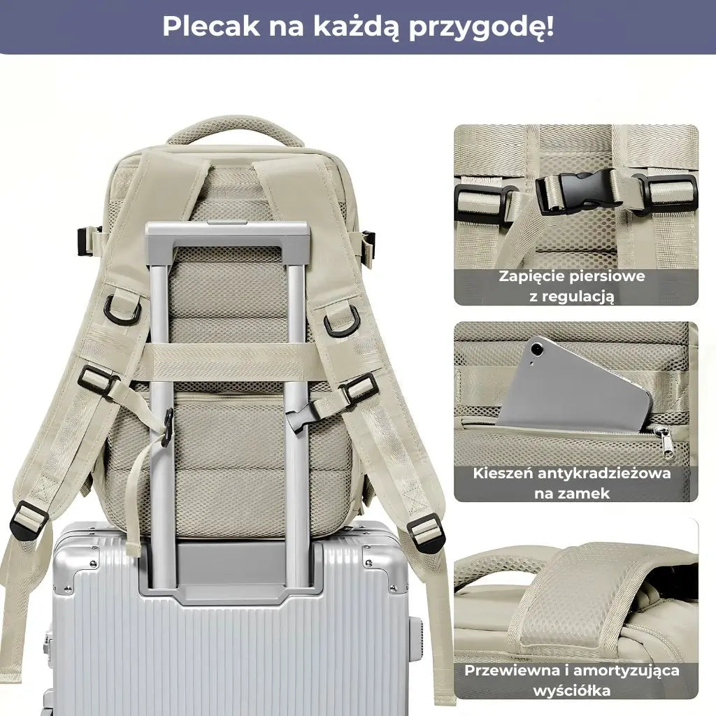 Plecak podróżny do samolotu damski Ryanair brązowy z kieszenią antykradzieżową i regulacją pasków.
