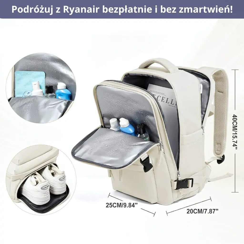Plecak podróżny do samolotu damski Ryanair brązowy z kieszenią na buty i kosmetyki.
