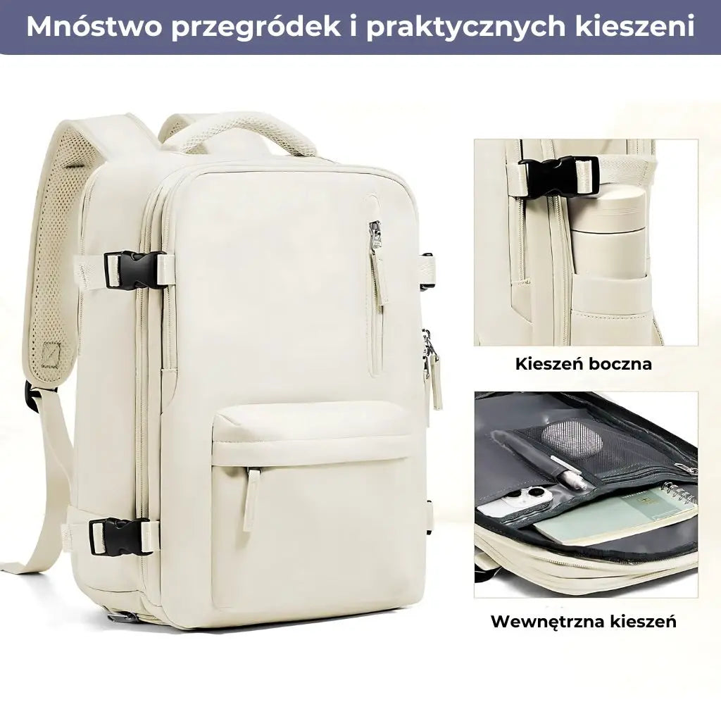 Plecak podróżny do samolotu damski Ryanair brązowy z licznymi przegrodami i praktycznymi kieszeniami.