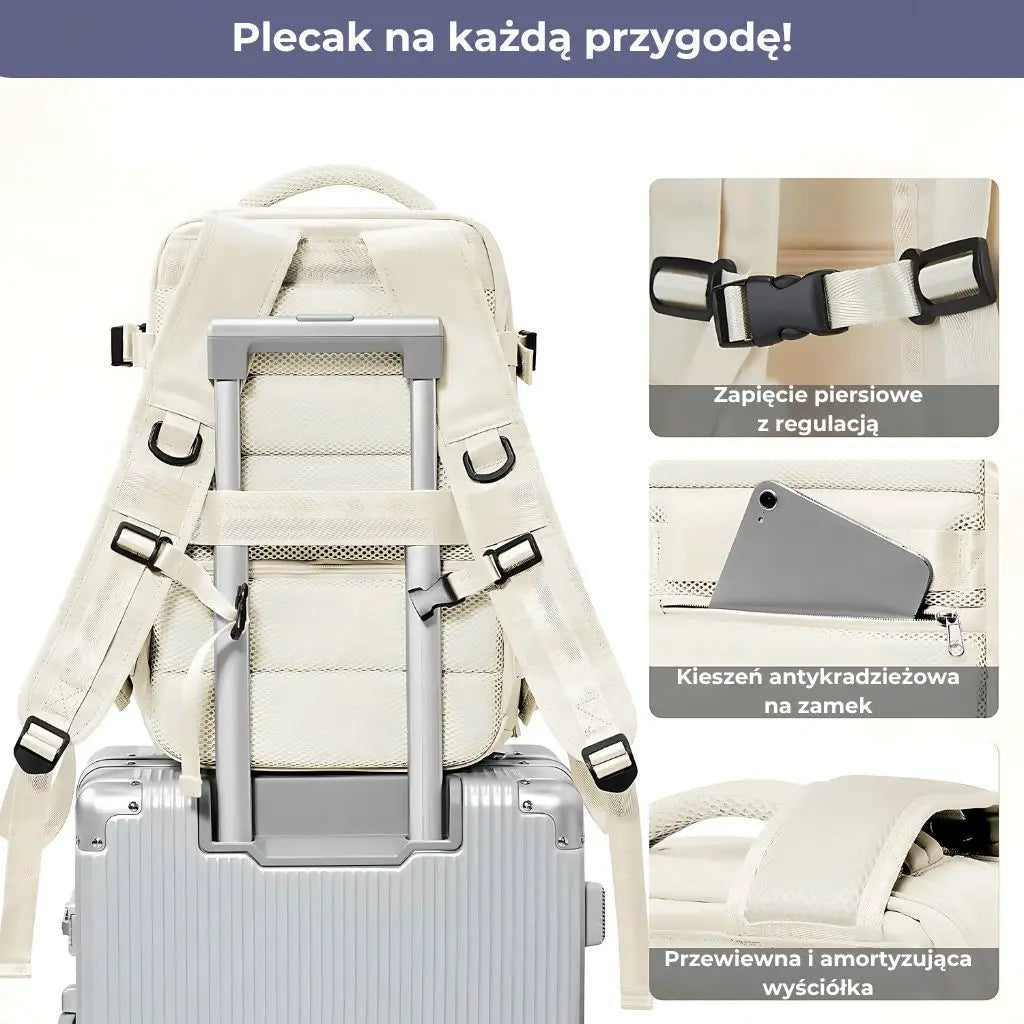 Plecak podróżny do samolotu damski Ryanair brązowy z regulacją paska piersiowego i kieszenią antykradzieżową.