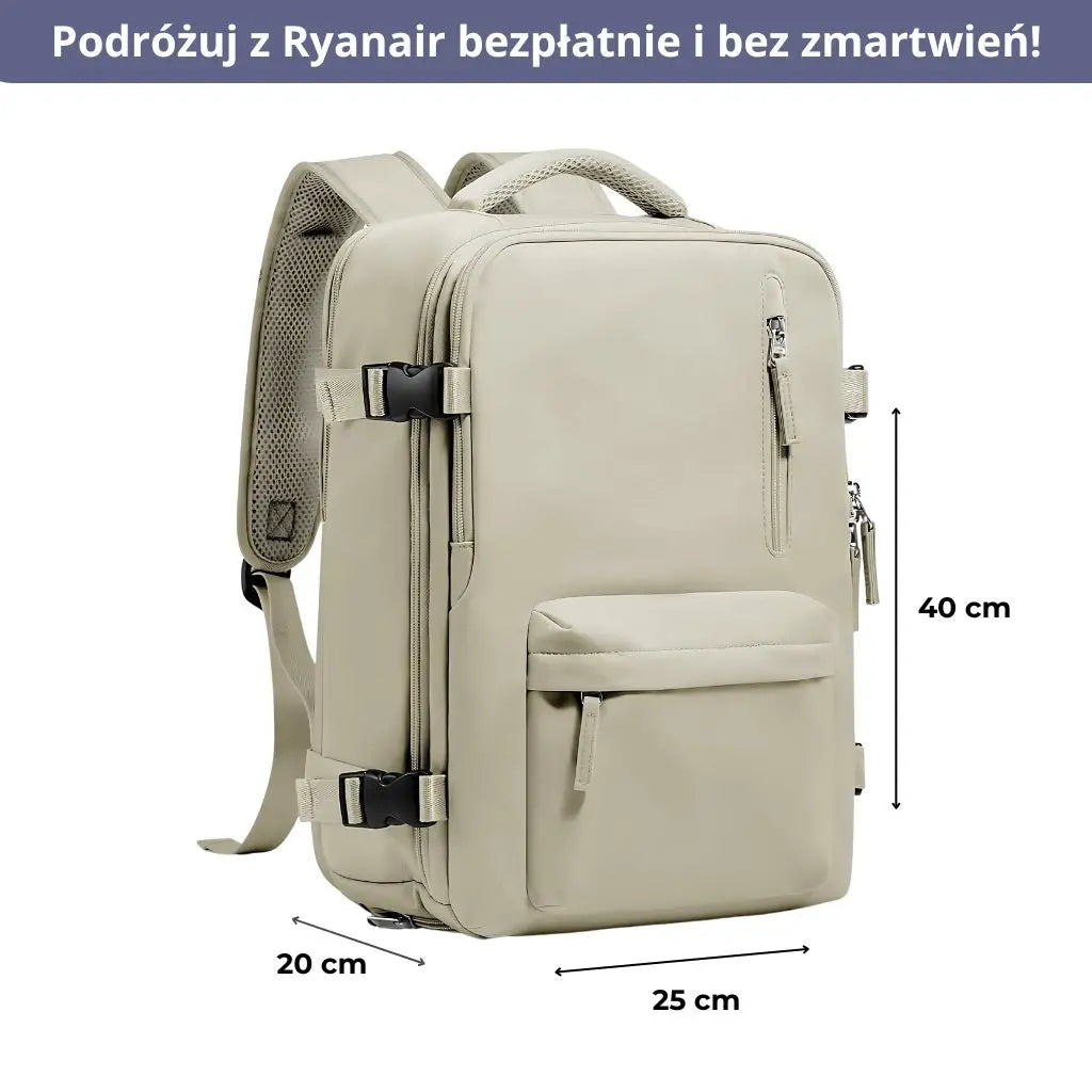 Plecak podróżny do samolotu damski Ryanair brązowy z widocznymi wymiarami 40x20x25 cm, idealny na podróże.