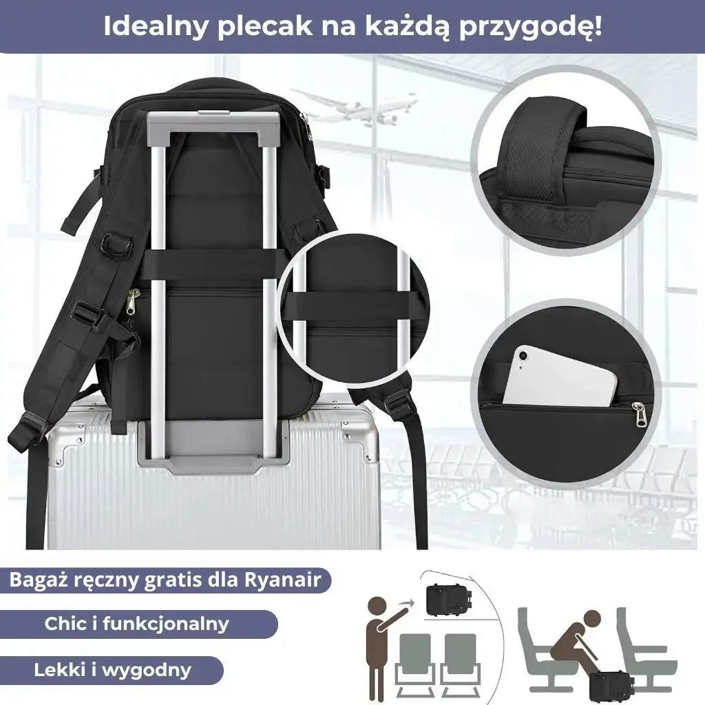 Plecak podróżny do samolotu damski Ryanair czarny, lekki, funkcjonalny i przystosowany do walizek.