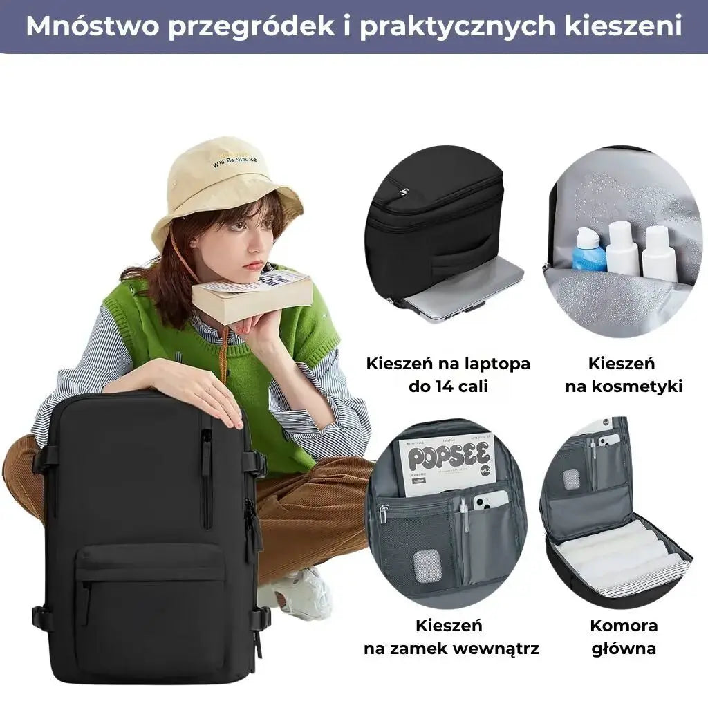 Plecak podróżny do samolotu damski Ryanair czarny z praktycznymi kieszeniami na laptopa, kosmetyki i inne akcesoria.