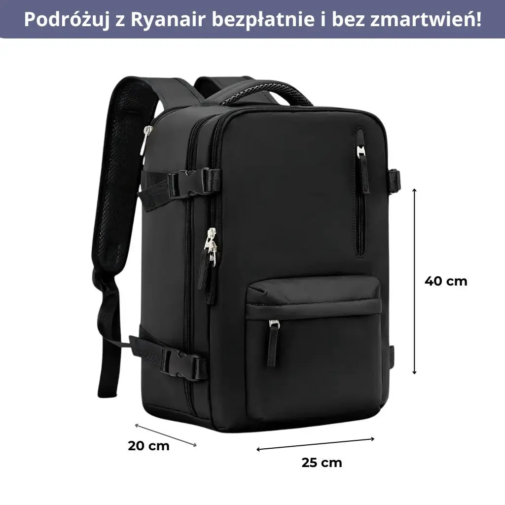 Plecak podróżny do samolotu damski Ryanair czarny z wymiarami dostosowanymi do wymagań linii lotniczych.