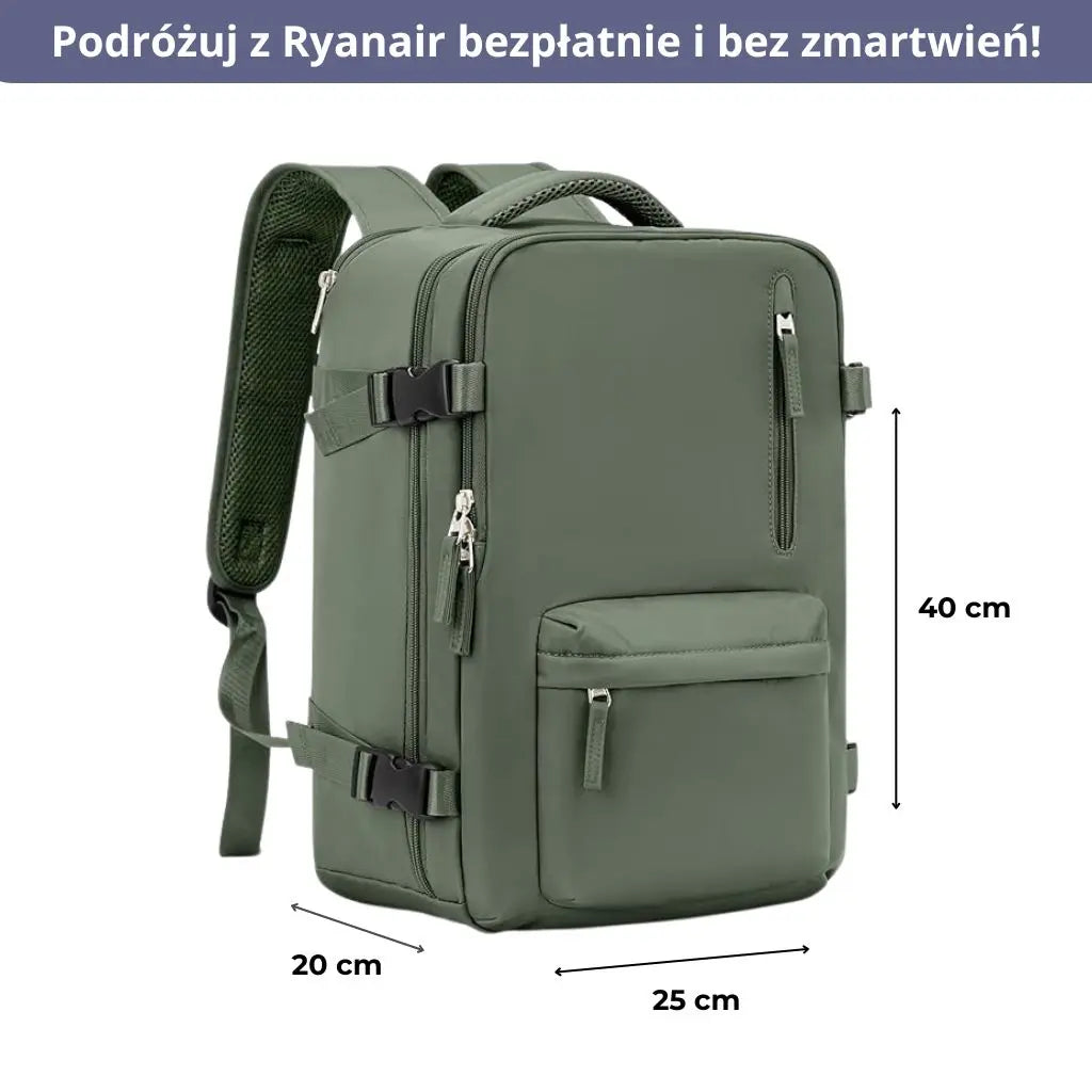 Plecak podróżny do samolotu damski Ryanair z widocznymi wymiarami, idealny na podróże.