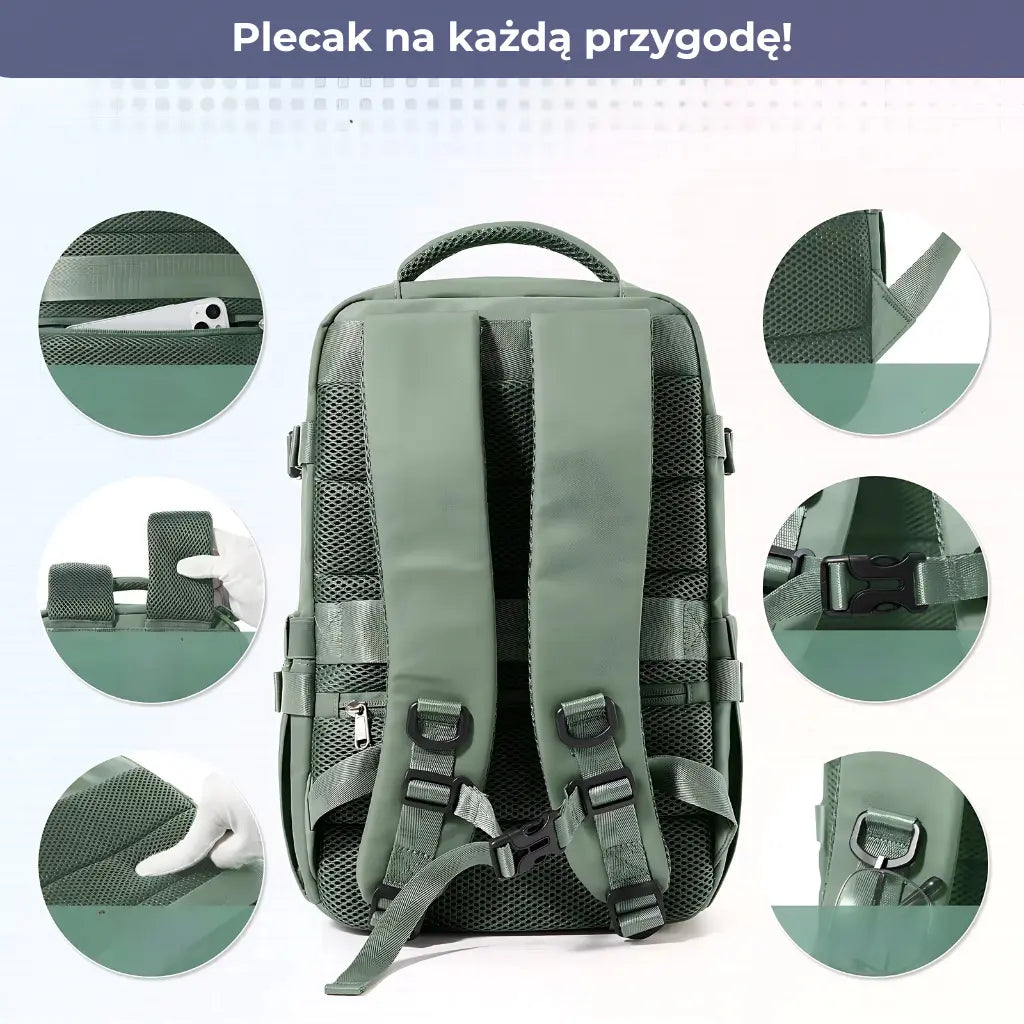 Zielony plecak podróżny z oddychającymi szelkami, regulowanymi paskami i wygodnym uchwytem na bagaż.