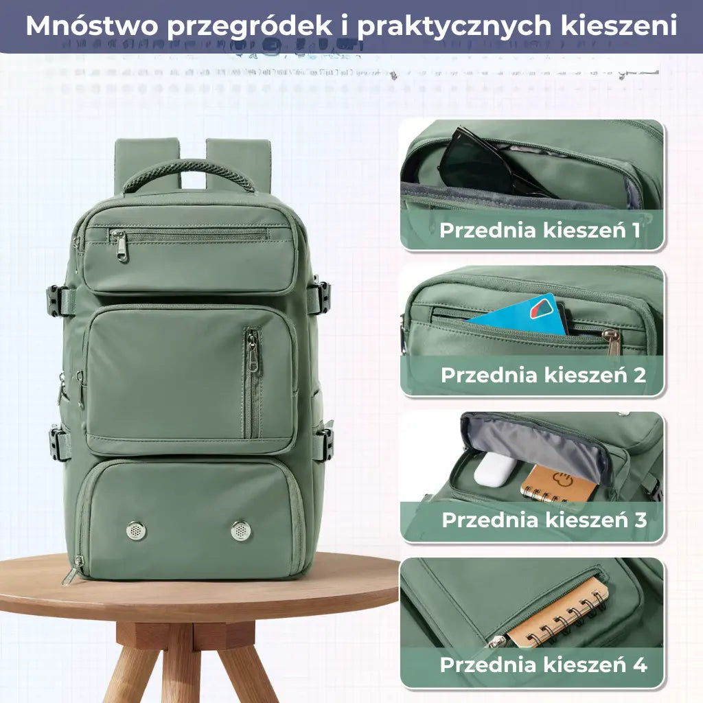 Zielony plecak podróżny z wieloma kieszeniami i przegródkami na dokumenty, elektronikę i akcesoria.