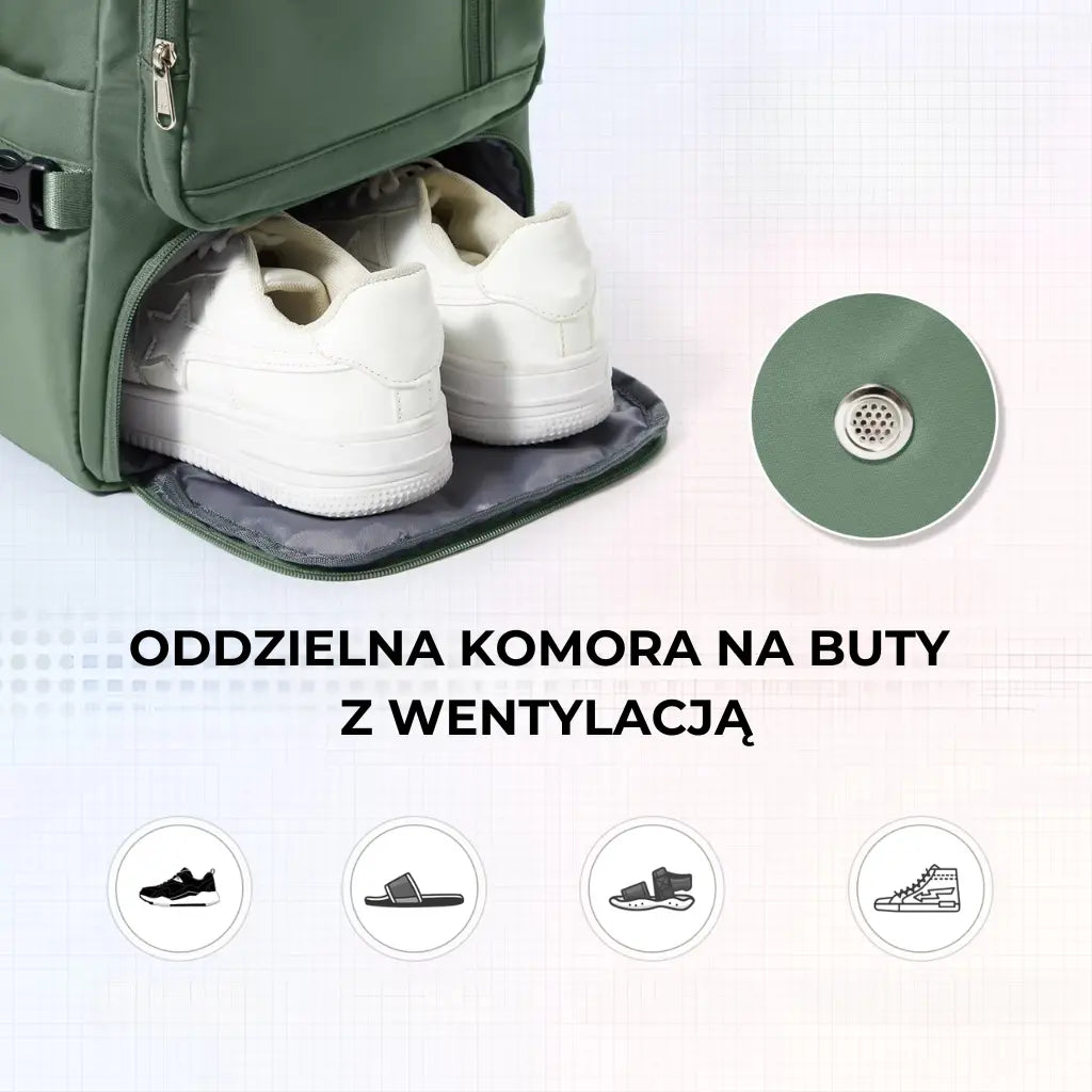 Zielony plecak podróżny z oddzielną komorą na buty z wentylacją, zapewniającą wygodę i świeżość w podróży.
