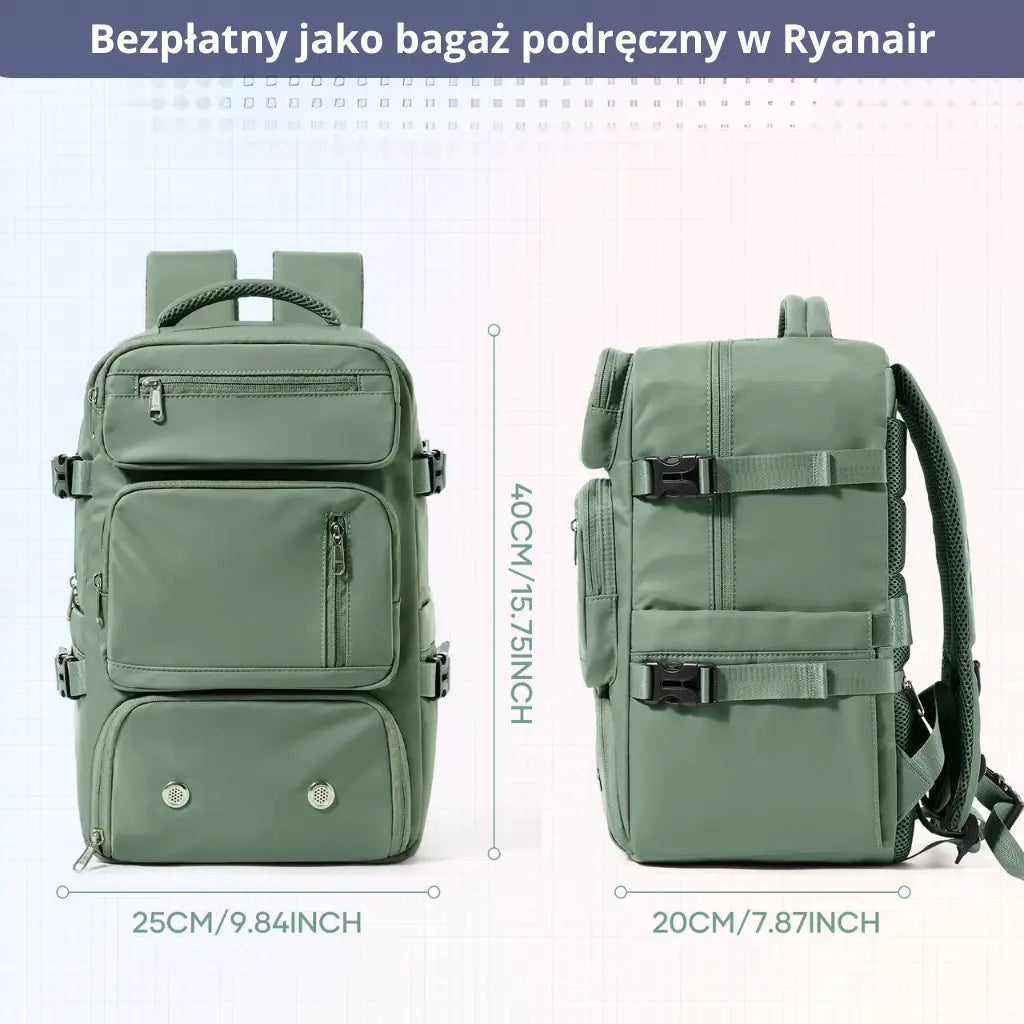 Zielony plecak o wymiarach 40x25x20 cm, spełniający wymagania Ryanair jako bezpłatny bagaż podręczny.